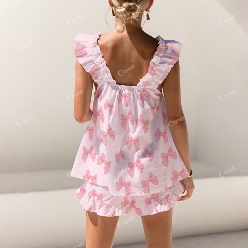 Colordate Pink Bow Print Short Tank Top Shorts Pajama Set