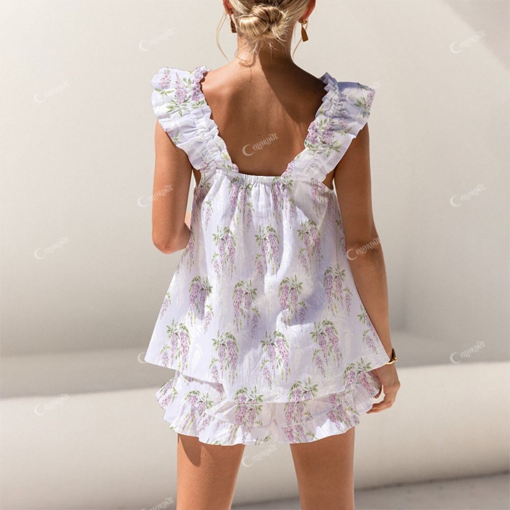 Colordate Purple Flower Print Short Tank Top Shorts Pajama Set
