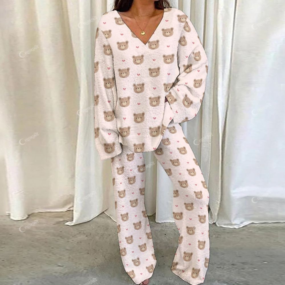 Colordate Bear Print Loungewear Set For Women