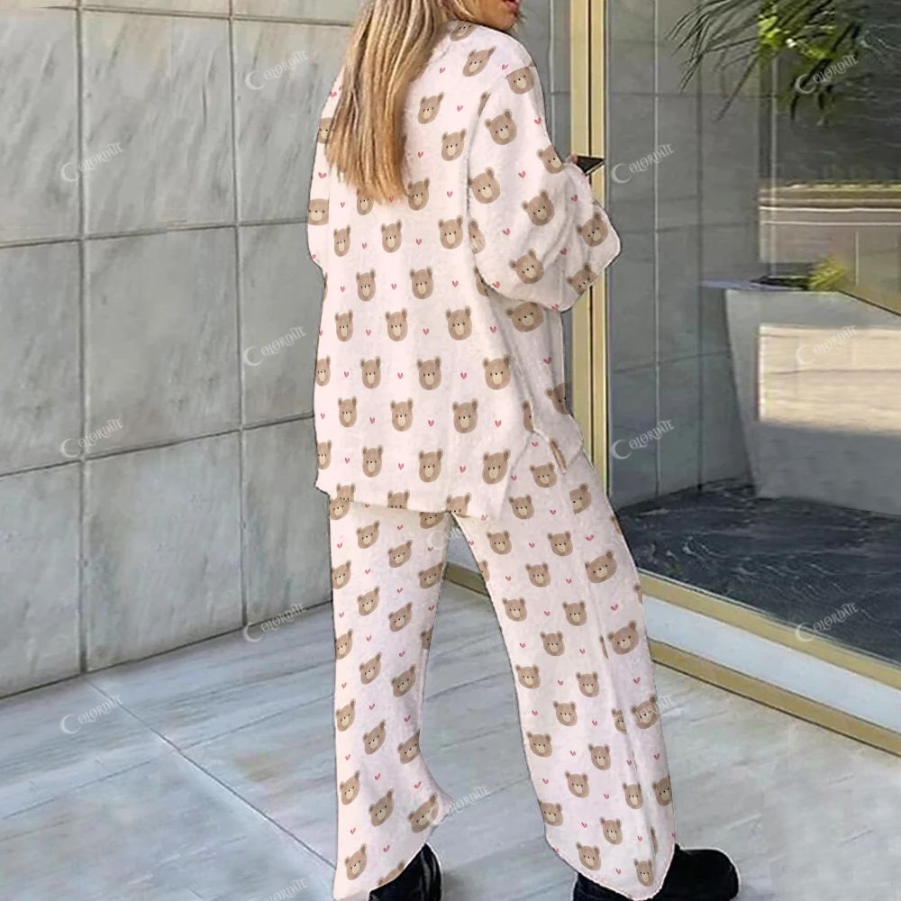 Colordate Bear Print Loungewear Set For Women