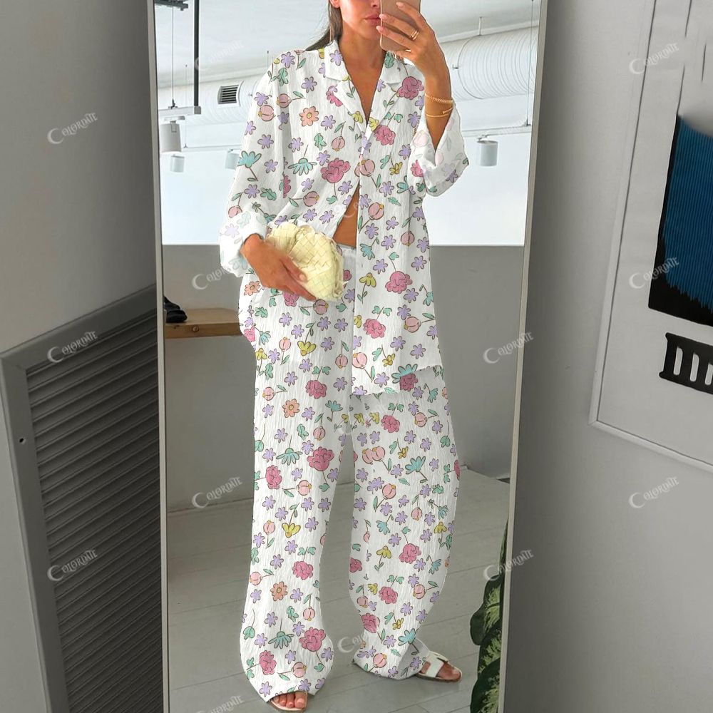 Colordate Women's Flower Print Cotton Cardigan Homewear Set