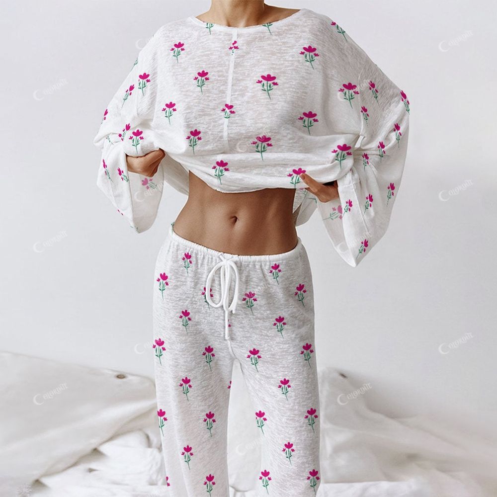 Colordate Women's Purple Flower Print Long Sleeve Cotton Homewear Set