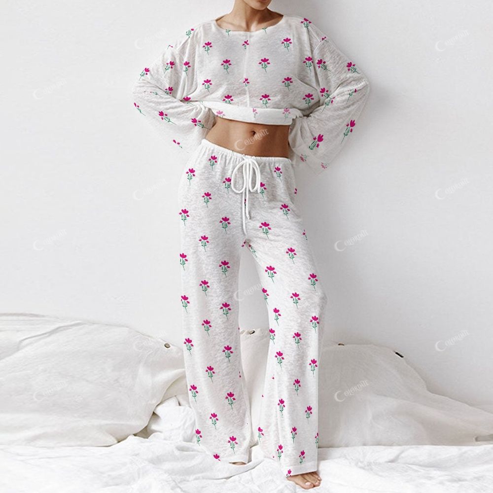 Colordate Women's Purple Flower Print Long Sleeve Cotton Homewear Set