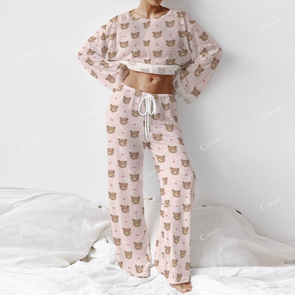 Colordate Women's Bear Print Long Sleeve Cotton Homewear Set
