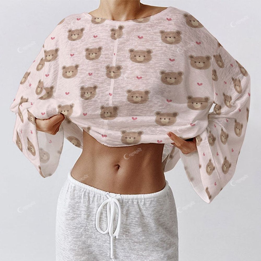 Colordate Women's Bear Print Long Sleeve Cotton Homewear Set
