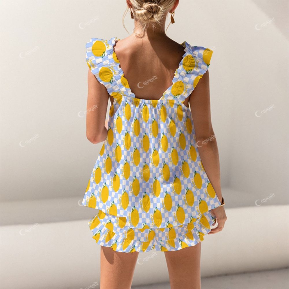 Colordate Lemon Print Short Tank Top Shorts Pajama Set