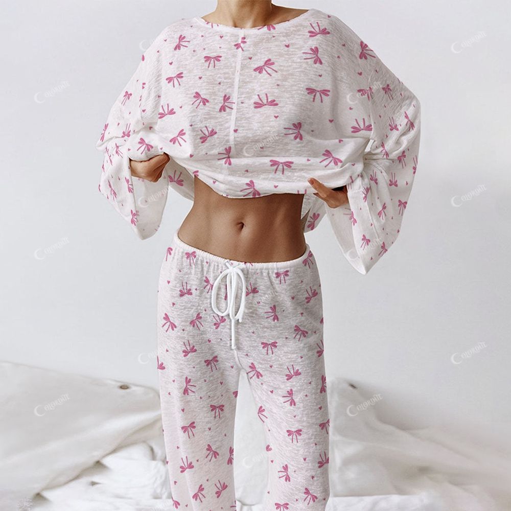 Colordate Women's Pink Bow Print  Long Sleeve Cotton Homewear Set