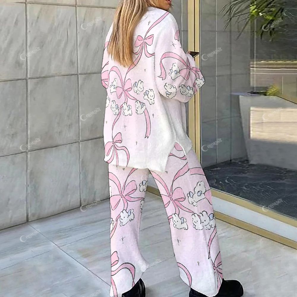 Colordate Pink Moon Bunny Pink Bow Print Loungewear Set For Women