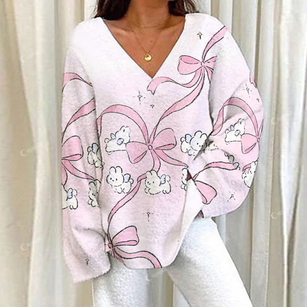 Colordate Pink Moon Bunny Pink Bow Print Loungewear Set For Women