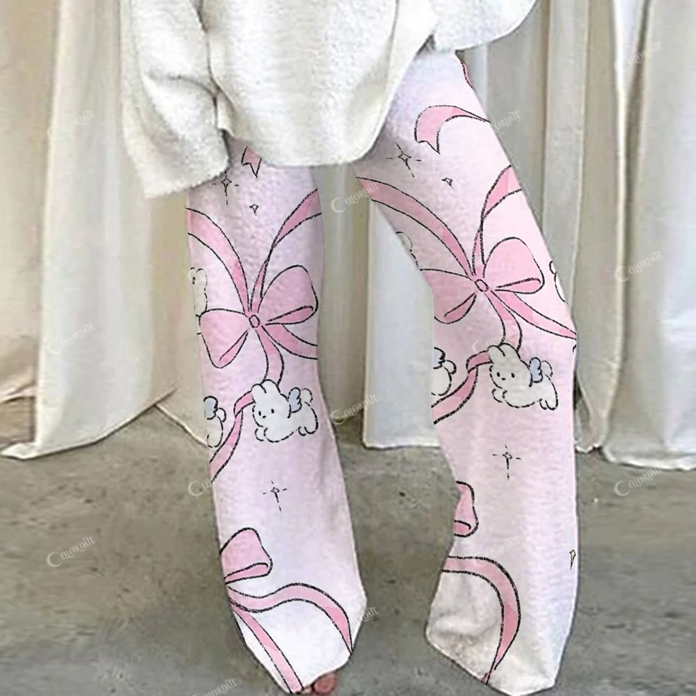 Colordate Pink Moon Bunny Pink Bow Print Loungewear Set For Women