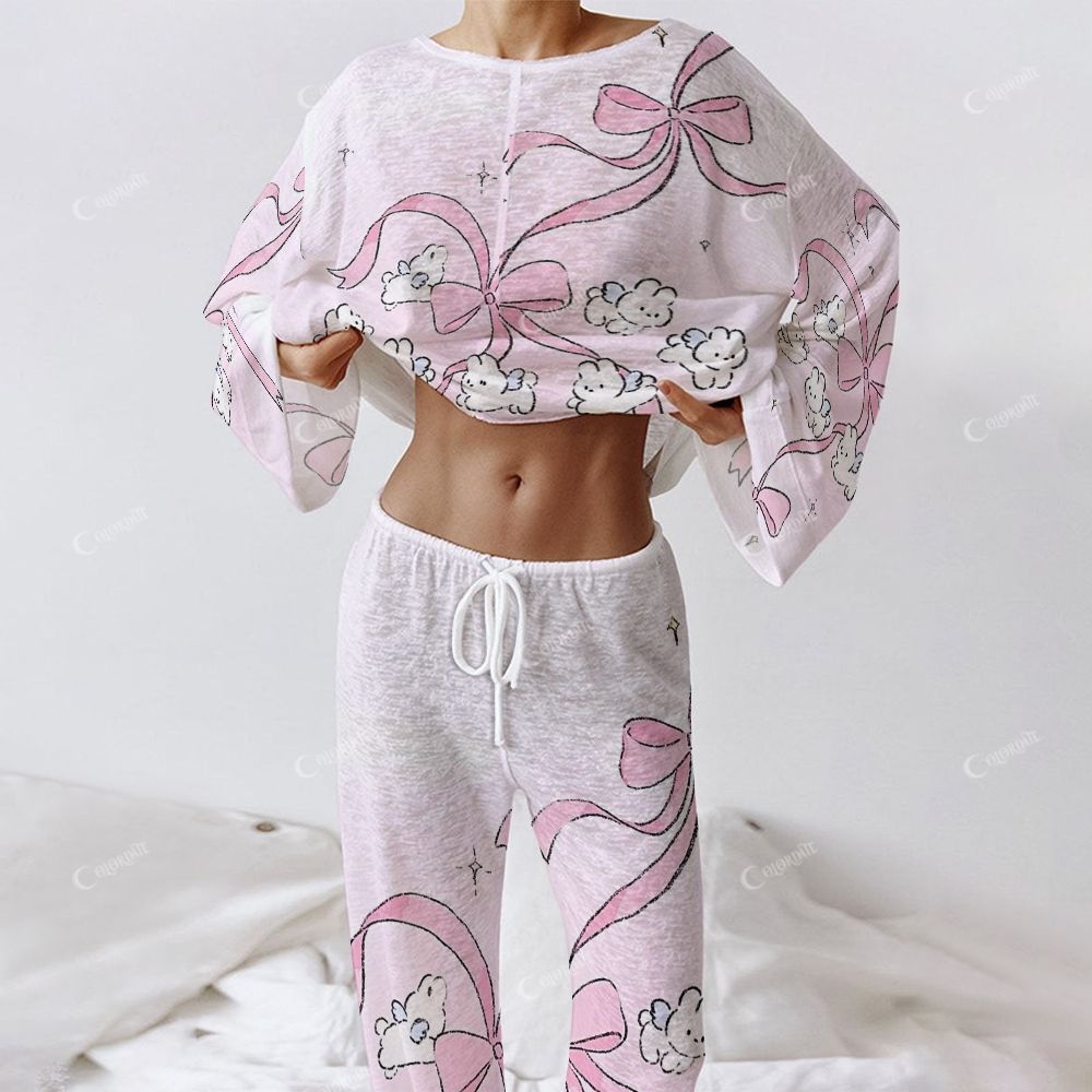 Colordate Women's Pink Bow Print Long Sleeve Cotton Homewear Set