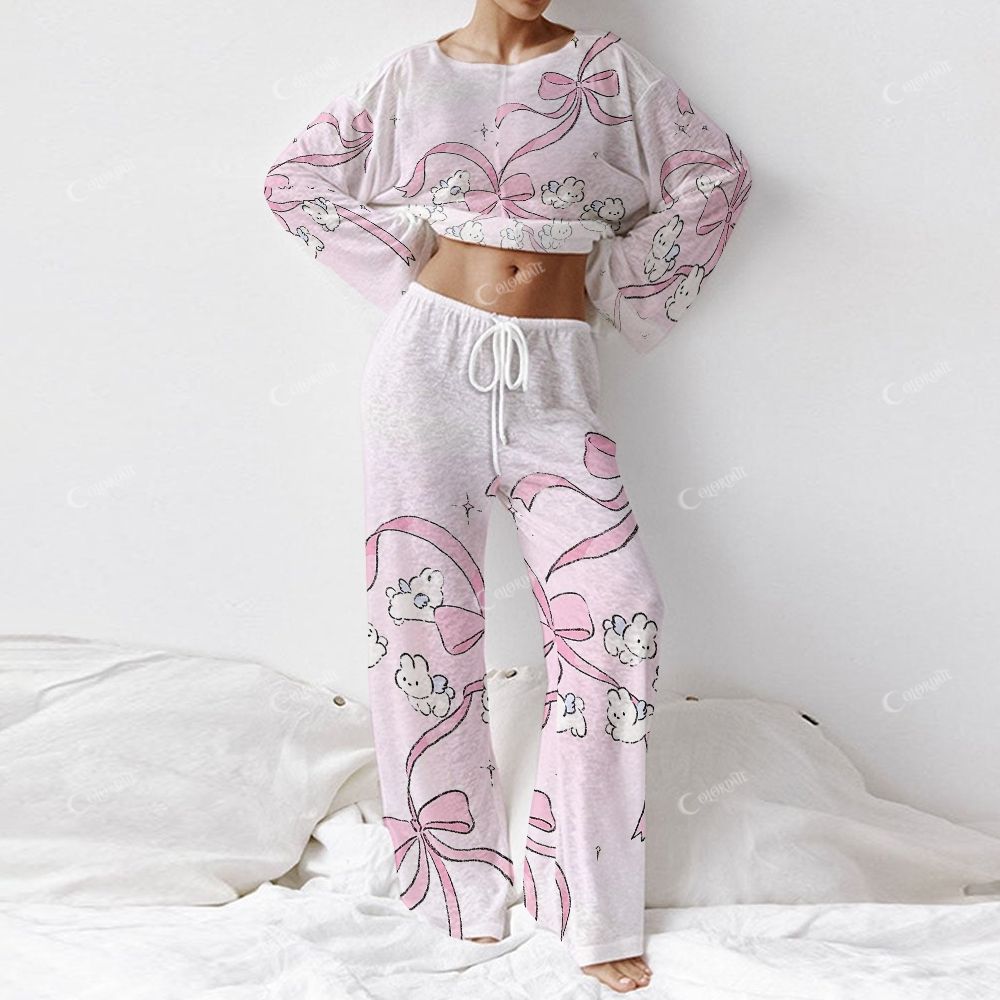 Colordate Women's Pink Bow Print Long Sleeve Cotton Homewear Set