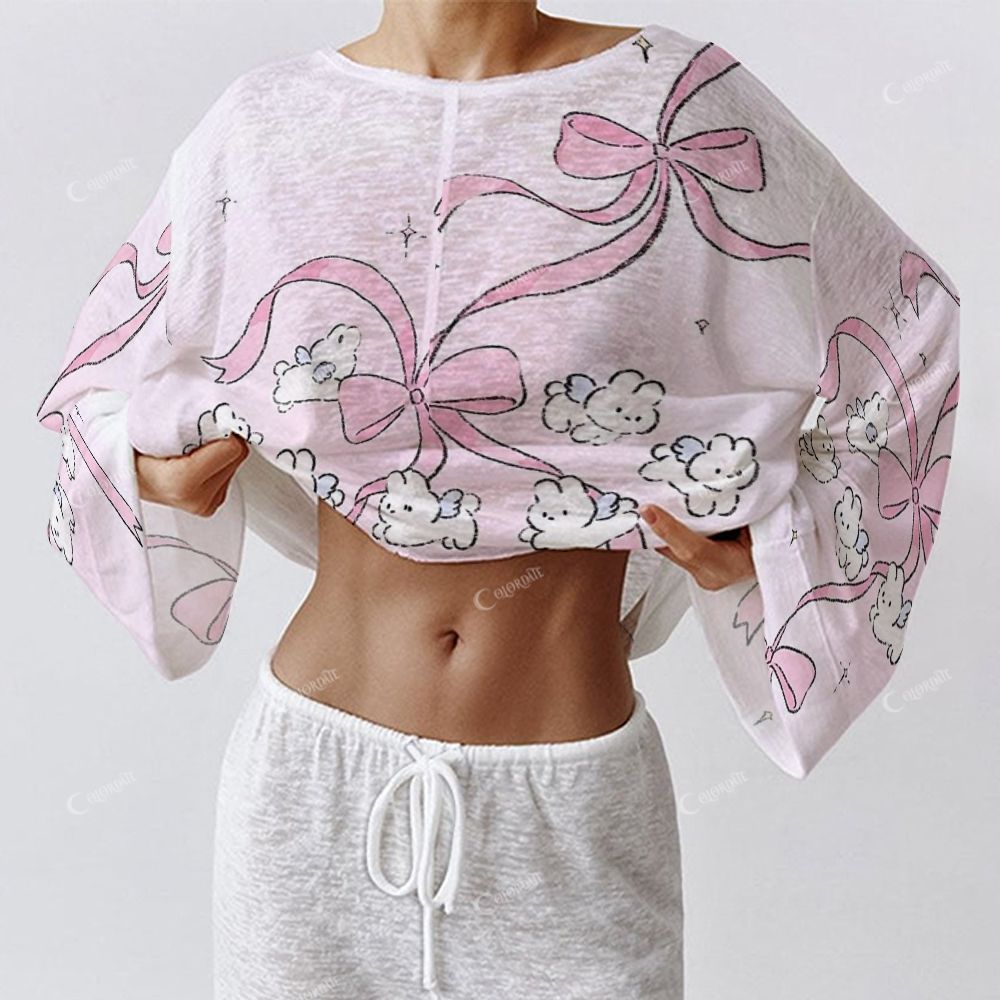 Colordate Women's Pink Bow Print Long Sleeve Cotton Homewear Set