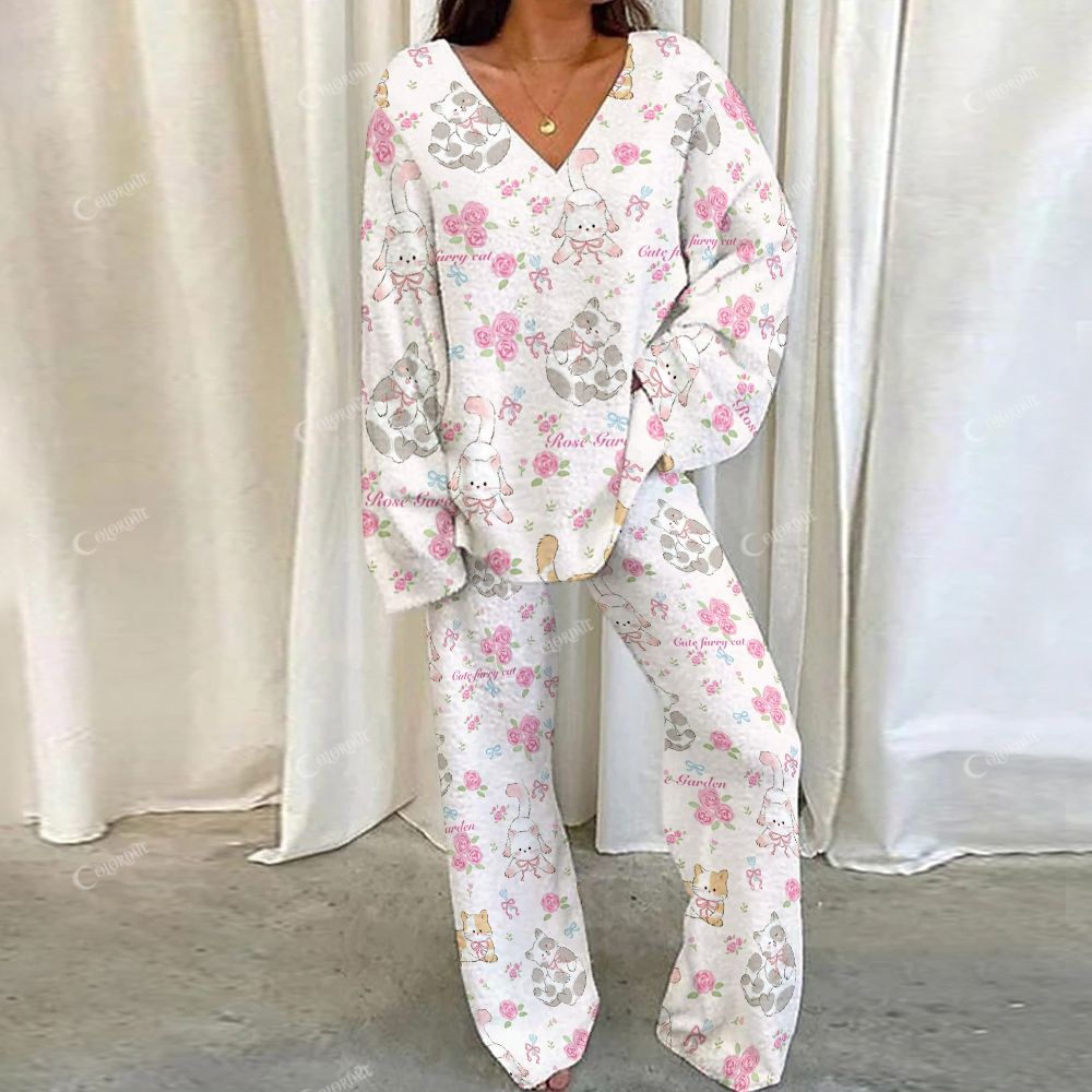 Colordate Mew & Meadow Cat And Flower Print Loungewear Set For Women