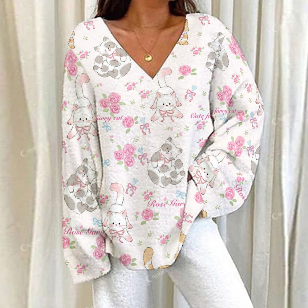 Colordate Mew & Meadow Cat And Flower Print Loungewear Set For Women