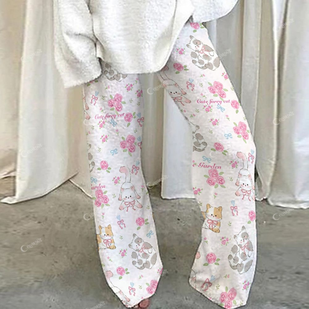 Colordate Mew & Meadow Cat And Flower Print Loungewear Set For Women