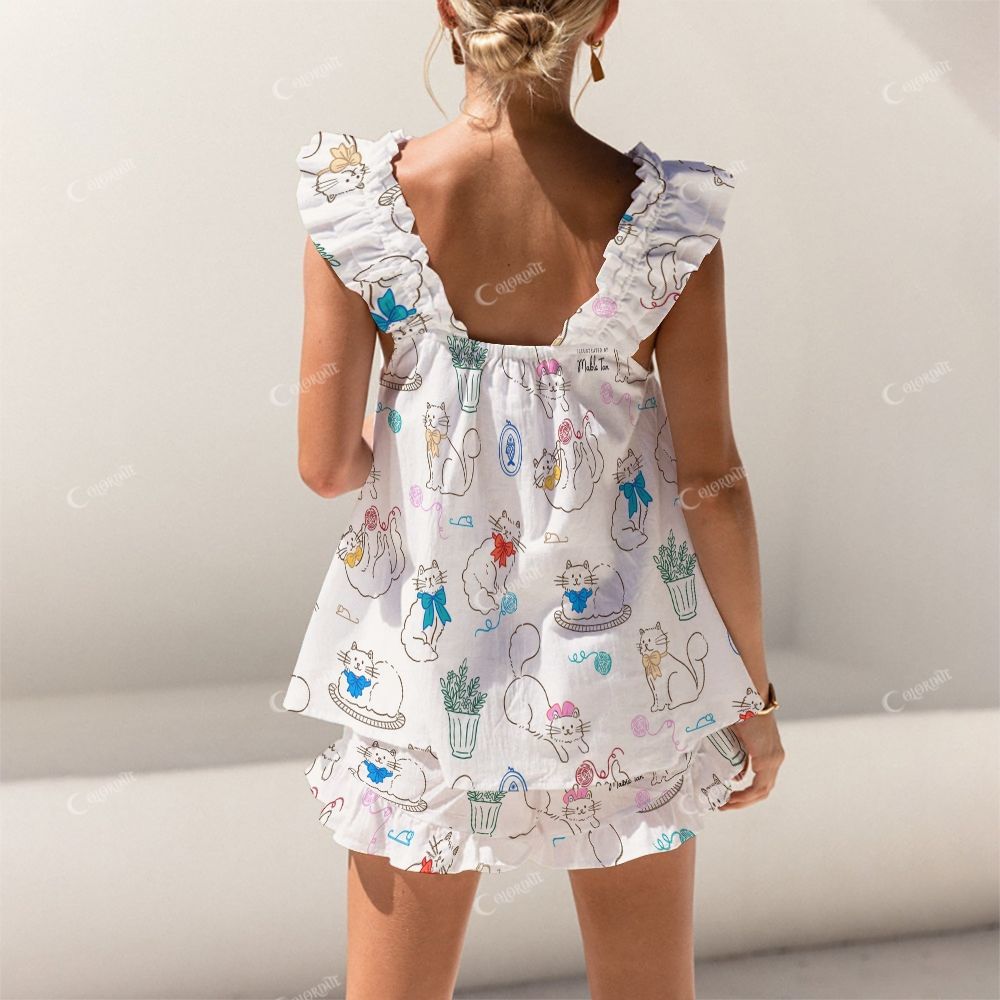 Colordate Cat Print Short Tank Top Shorts Pajama Set