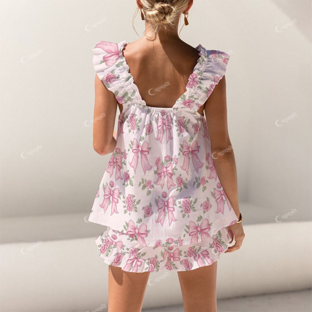 Colordate Petal Nocturne Pink Bow And Flower Print Short Tank Top Shorts Pajama Set