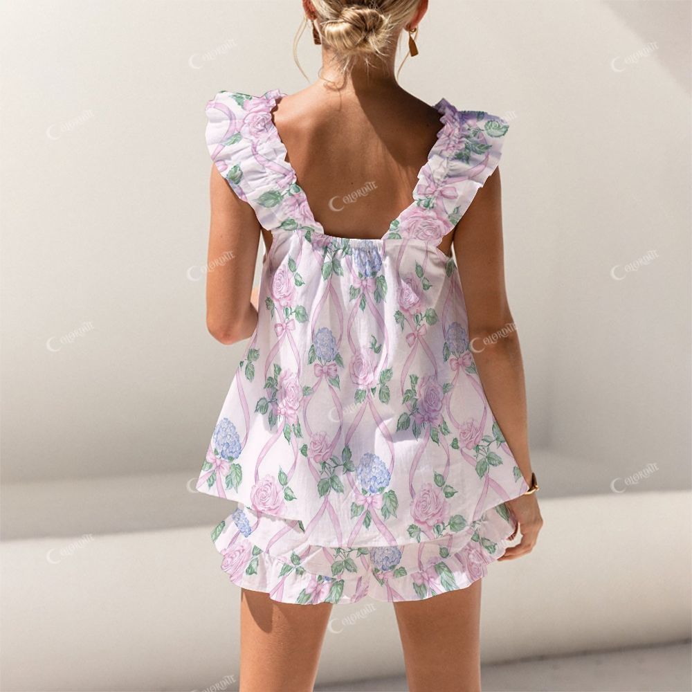 Colordate Flower Print Short Tank Top Shorts Pajama Set