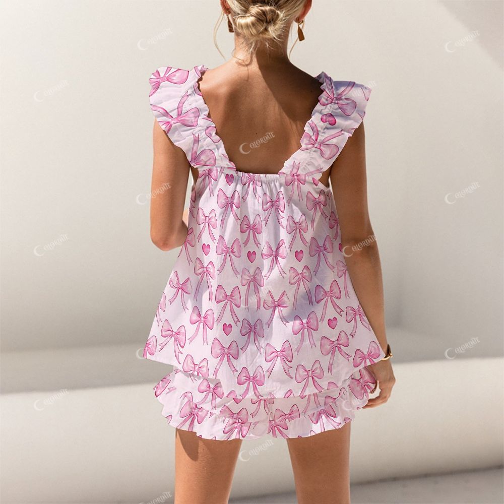 Colordate Pink Bow Print Short Tank Top Shorts Pajama Set
