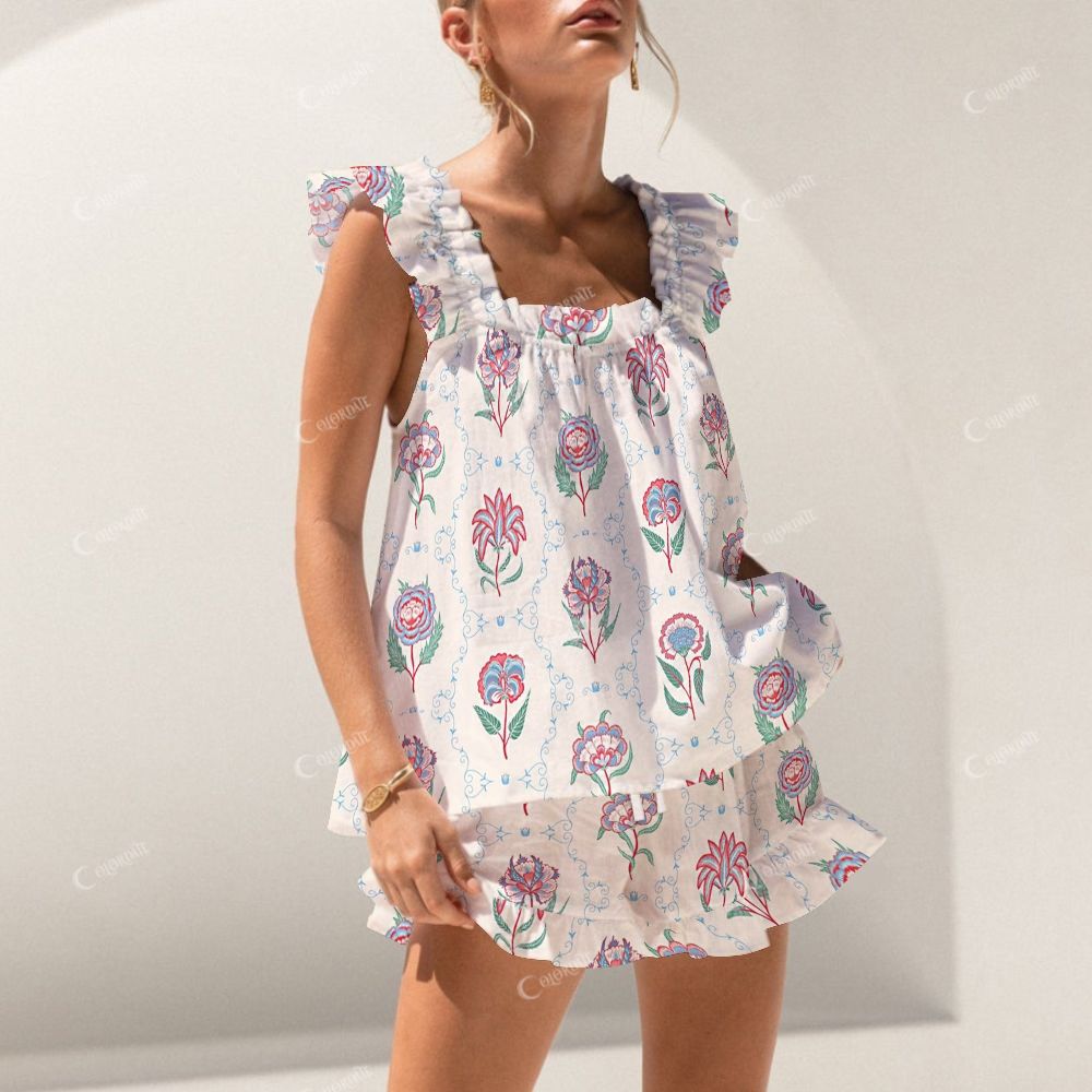 Colordate Colorful Flower Print Short Tank Top Shorts Pajama Set