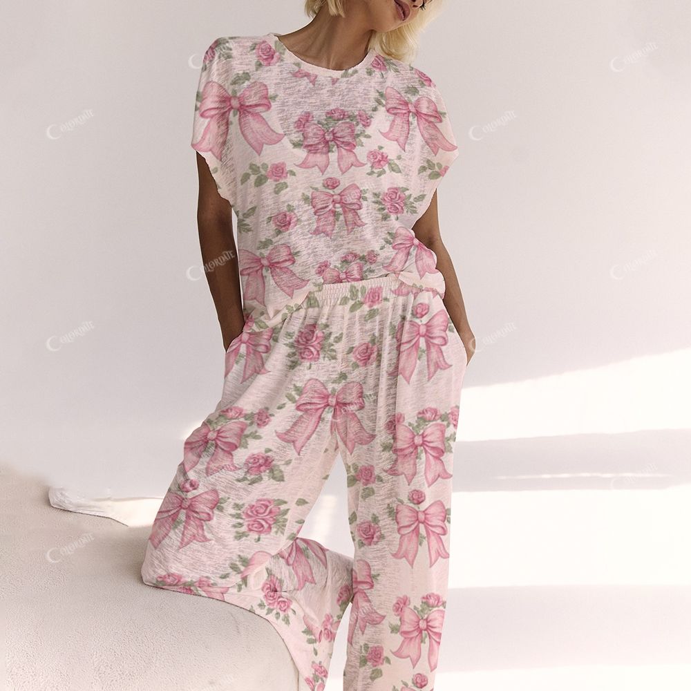 Colordate Petal Nocturne Pink Bows And Flower Prints Ladies  Lounge Suit