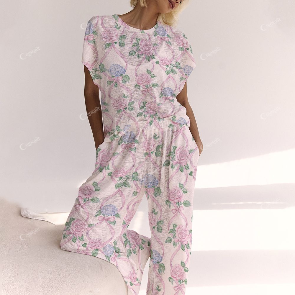 Colordate Blossom Hush Blue And Pink Flower Prints Ladies  Lounge Suit