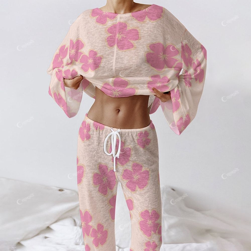 Tropical Veil Women's Pink Irregular Flowers Long Sleeve Cotton Homewear Set