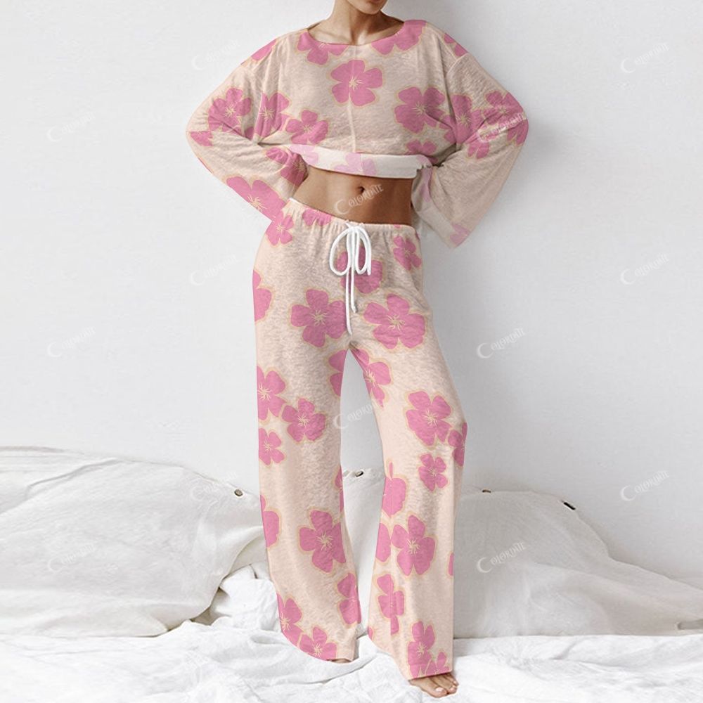 Tropical Veil Women's Pink Irregular Flowers Long Sleeve Cotton Homewear Set