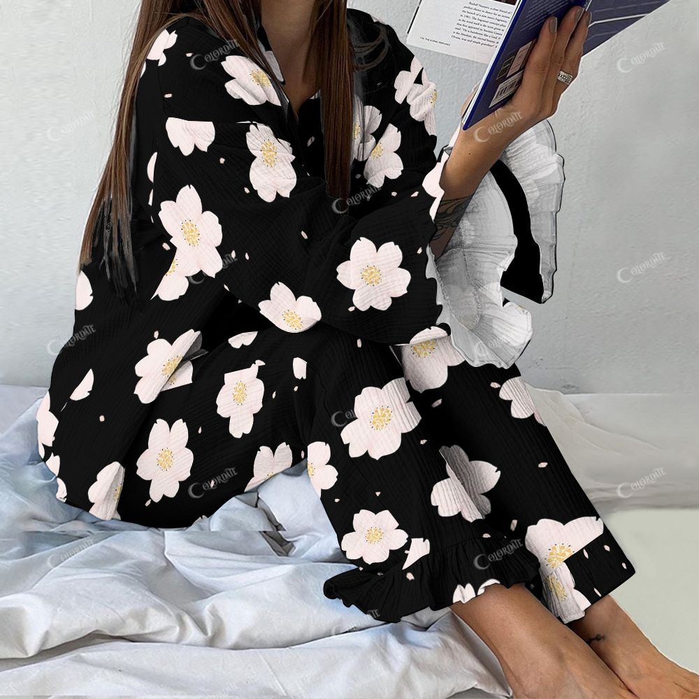 Floral Fantasia Women's Black And White Flowers Vintage Printed Linen Cotton Suit