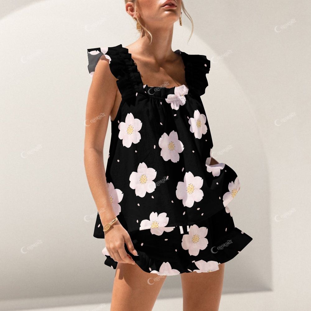 Floral Fantasia Short Tank Black Fashion Flowers Top Shorts Pajama Set