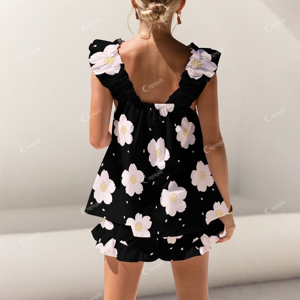 Floral Fantasia Short Tank Black Fashion Flowers Top Shorts Pajama Set