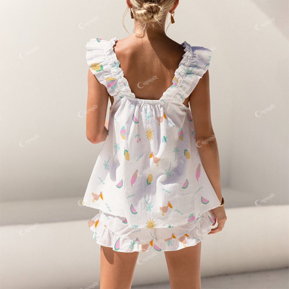 Colordate Summer Beach Print Short Tank Top Shorts Pajama Set
