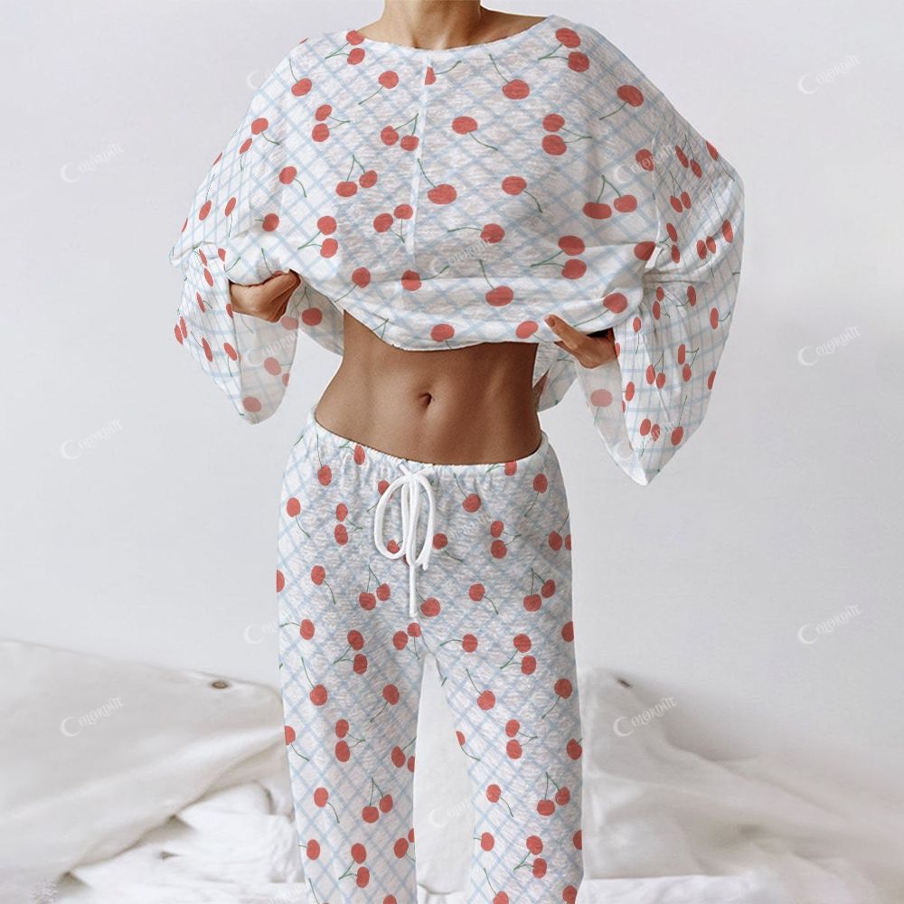 Colordate Sweet Nocturne Women's Cherry Print Long Sleeve Cotton Homewear Set
