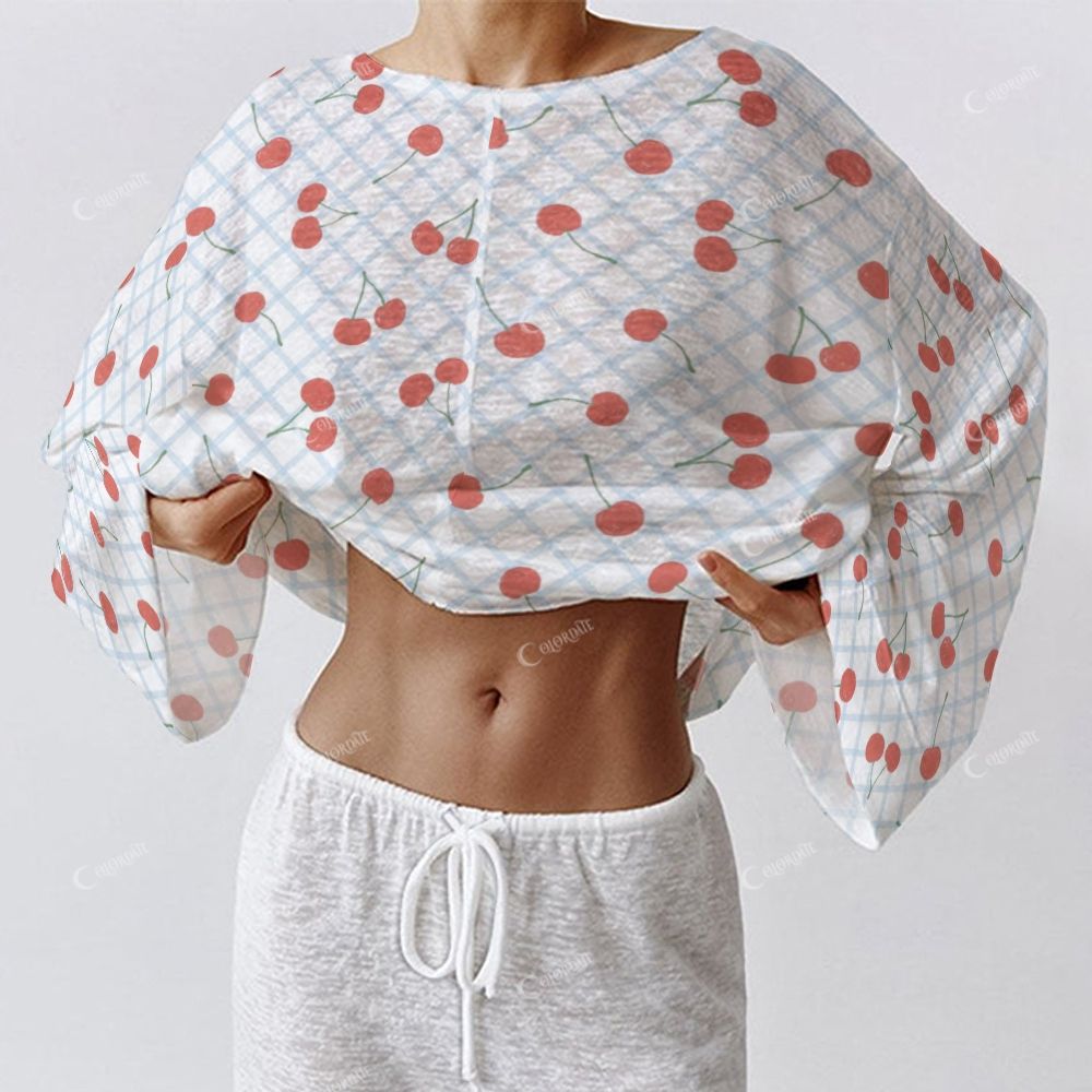 Colordate Sweet Nocturne Women's Cherry Print Long Sleeve Cotton Homewear Set