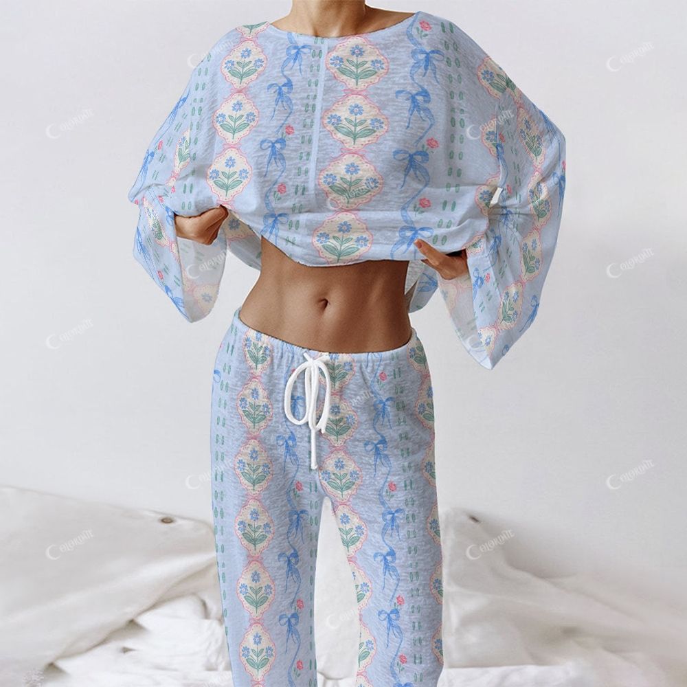 Colordate Floral Reverie Women's Flower And Bow Print Long Sleeve Cotton Homewear Set