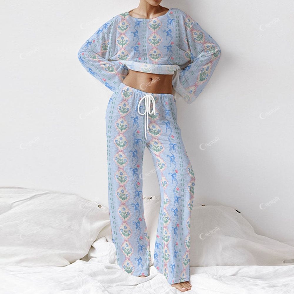 Colordate Floral Reverie Women's Flower And Bow Print Long Sleeve Cotton Homewear Set