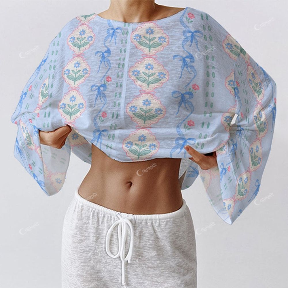 Colordate Floral Reverie Women's Flower And Bow Print Long Sleeve Cotton Homewear Set