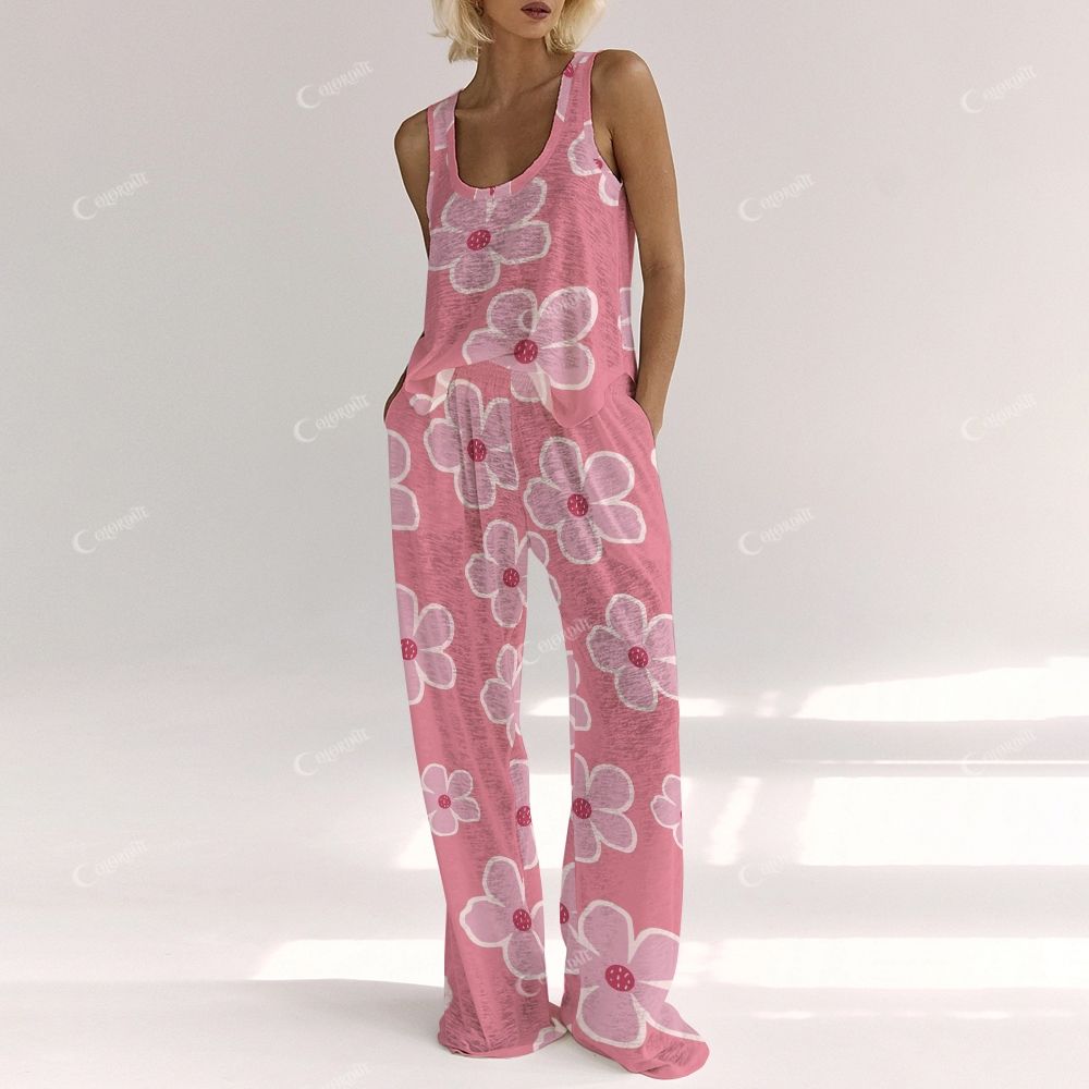 Meadow Mist Women's Pink Irregular Flowers Vest and Pants Set