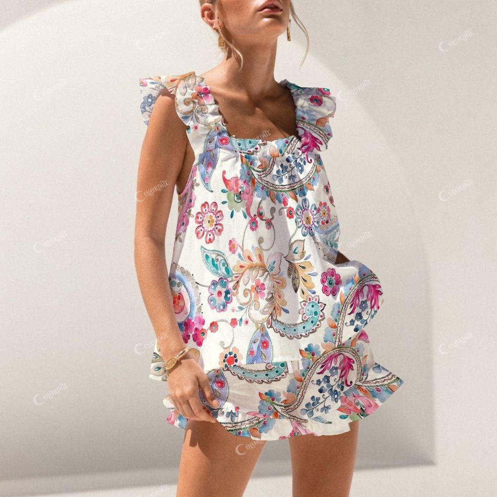 Colordate Paisley Pattern Print Short Tank Top Shorts Pajama Set