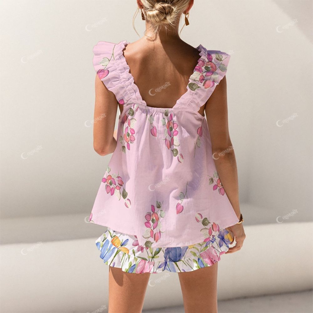 Colordate Bouquet Print Short Tank Top Shorts Pajama Set
