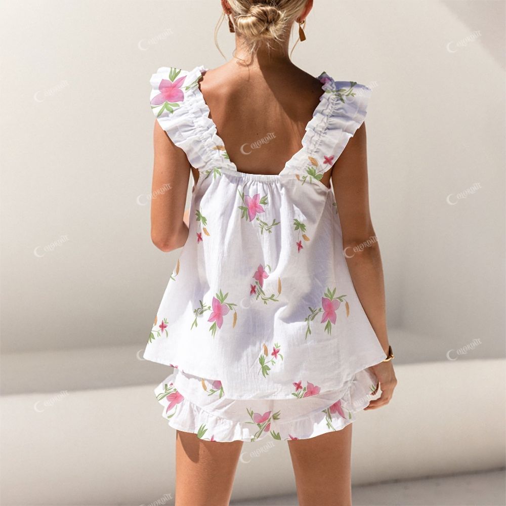 Colordate Pink Flower Print Short Tank Top Shorts Pajama Set