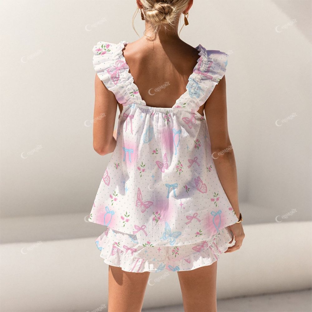 Colordate Blue And Pink Bow Print Short Tank Top Shorts Pajama Set