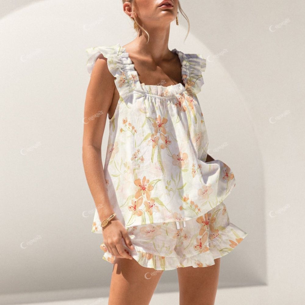 Colordate Orange Floral Print Short Tank Top Shorts Pajama Set