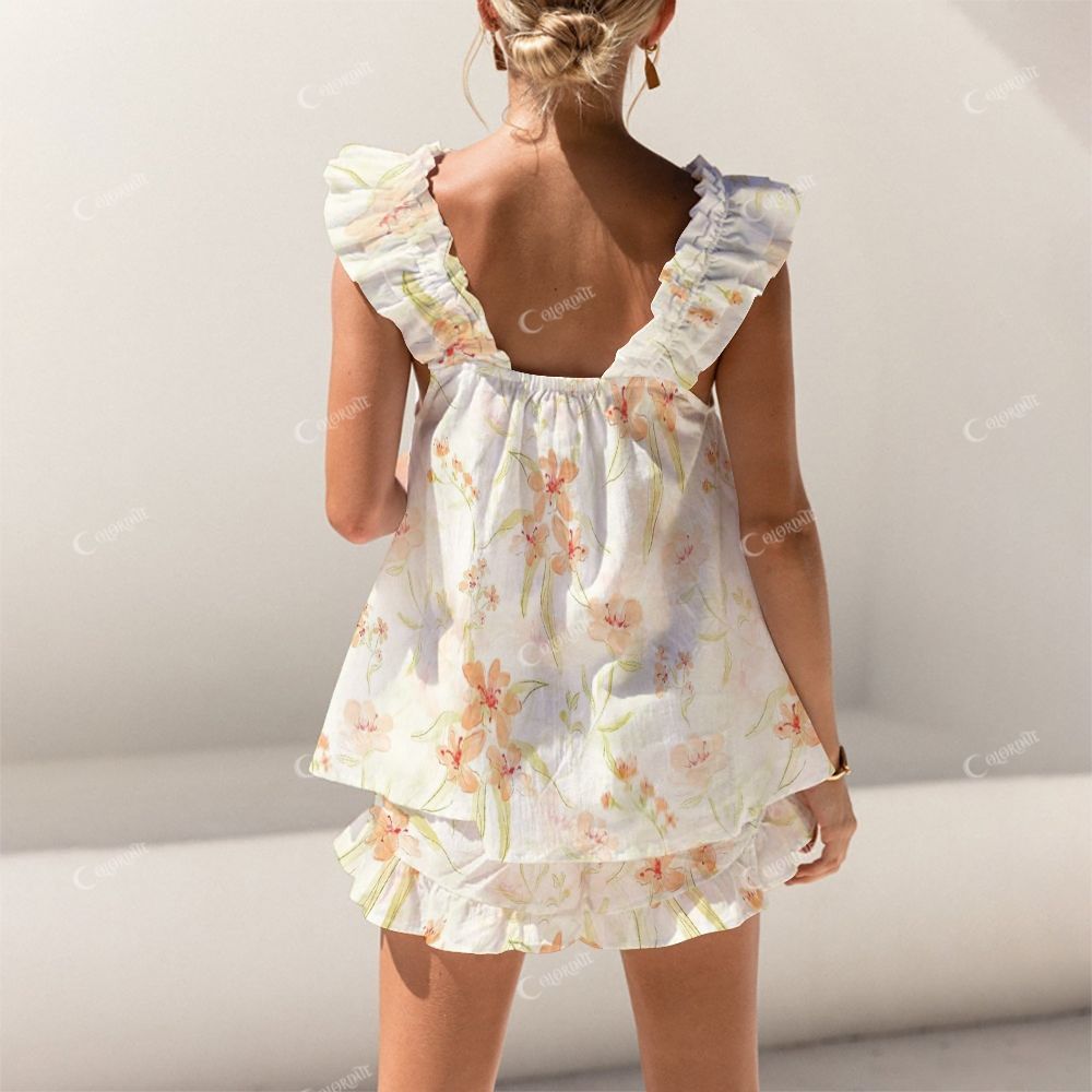 Colordate Orange Floral Print Short Tank Top Shorts Pajama Set