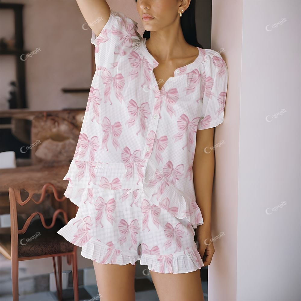 Colordate Ribbon Dreams Pink Bow Print Short Pajama Set