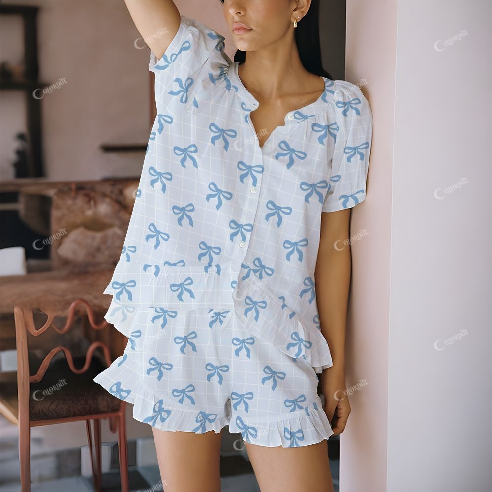 Colordate Blue Bow Print Short Pajama Set