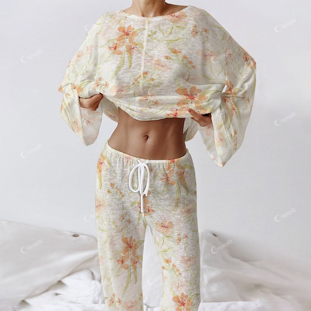 Colordate Women's Orange Flowers Long Sleeve Cotton Homewear Set