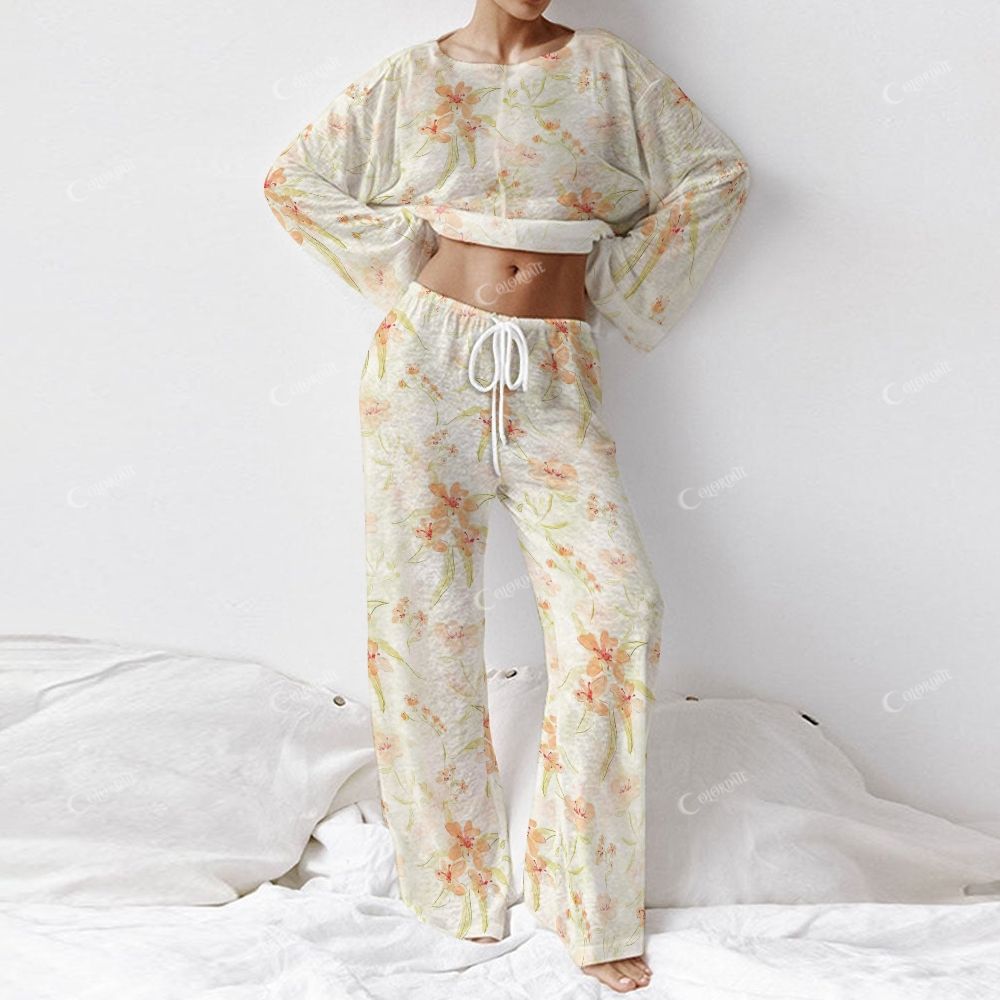 Colordate Women's Orange Flowers Long Sleeve Cotton Homewear Set