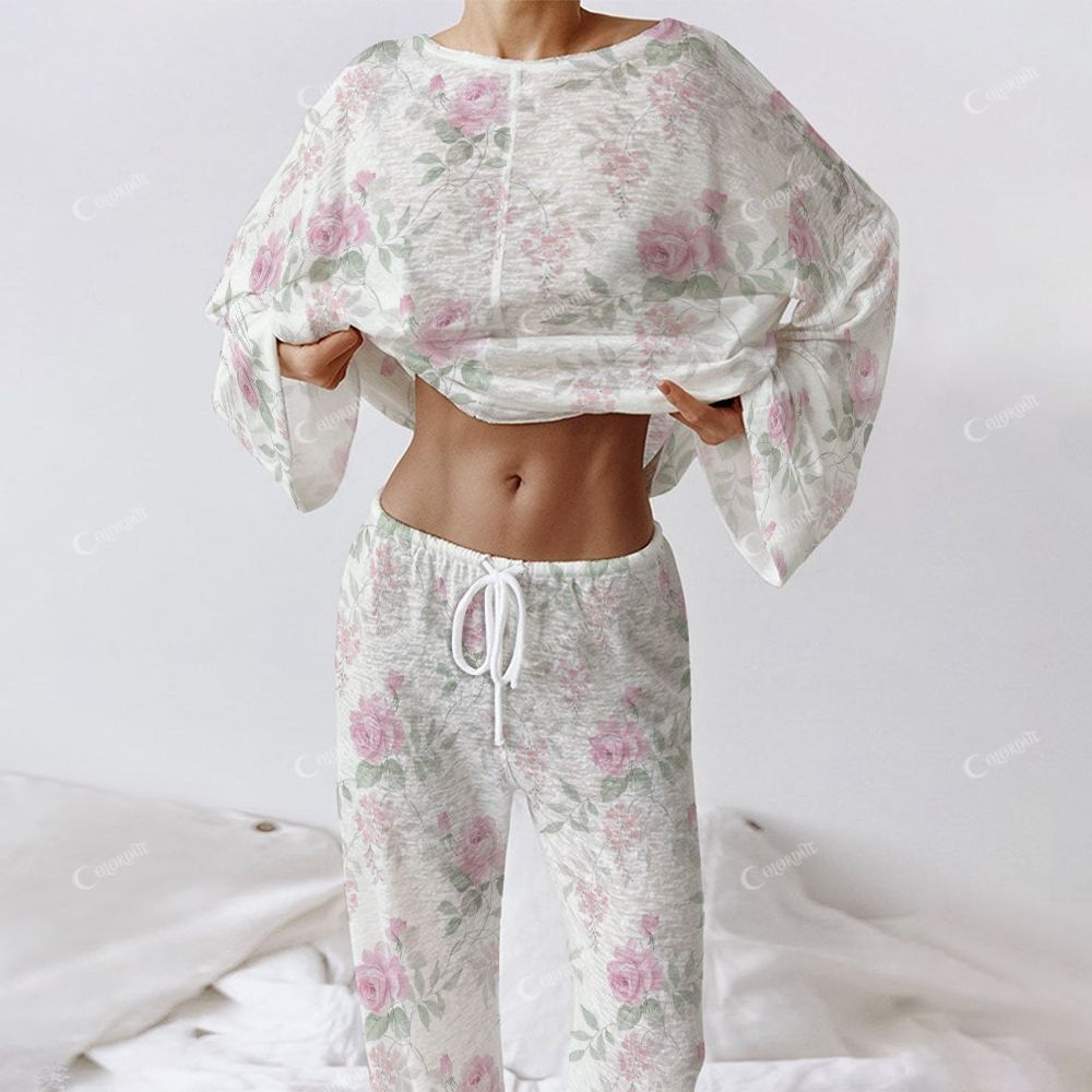 Colordate Women's Pink Rose Print Long Sleeve Cotton Homewear Set